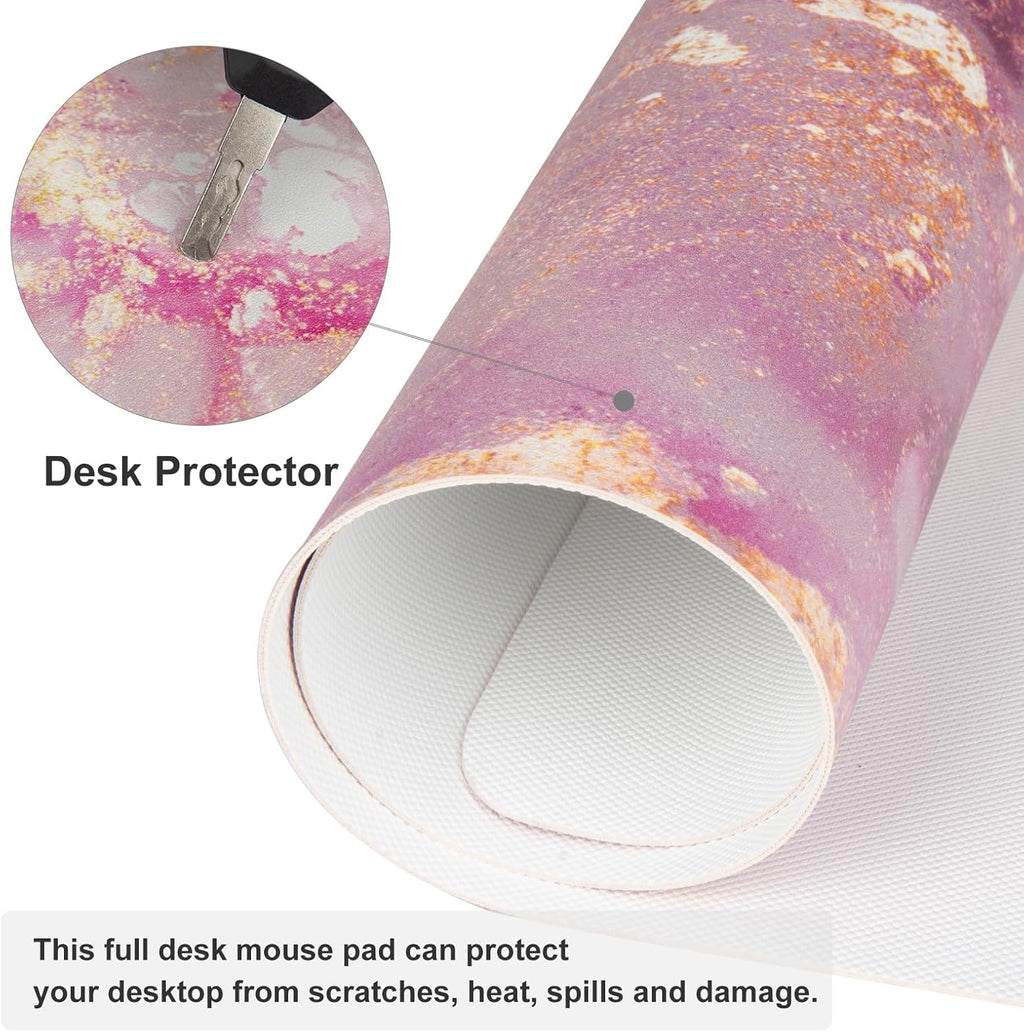 Large Mouse Pad, Cute Pink Desk Mat for Desktop, Women Girls PU Leather Waterproof Gaming Mousepad, Rose Gold Marble Computer PC Laptop Protector Writing Pads for School Office Home 31.5" X 15.7"